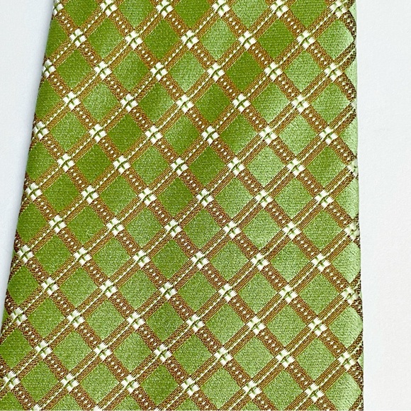 ERMENEGILDO ZEGNA GREEN BROWN WHITE DIAMOND PRINT JACQUARD SILK NECK TIE - Picture 4 of 7